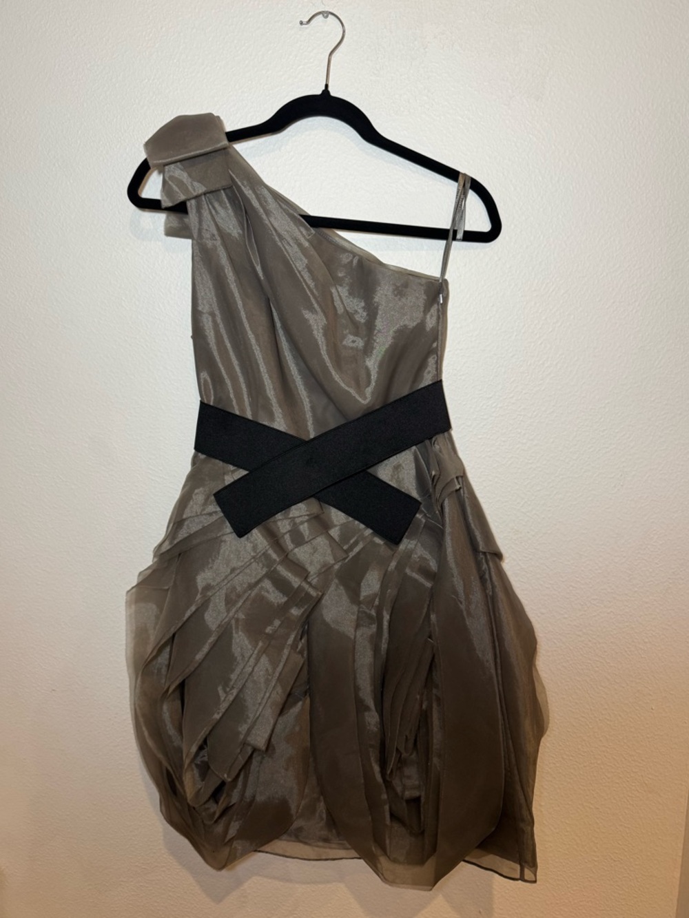 White by Vera Wang One-Shoulder Taupe Dress with Black Waist Belt Size 2